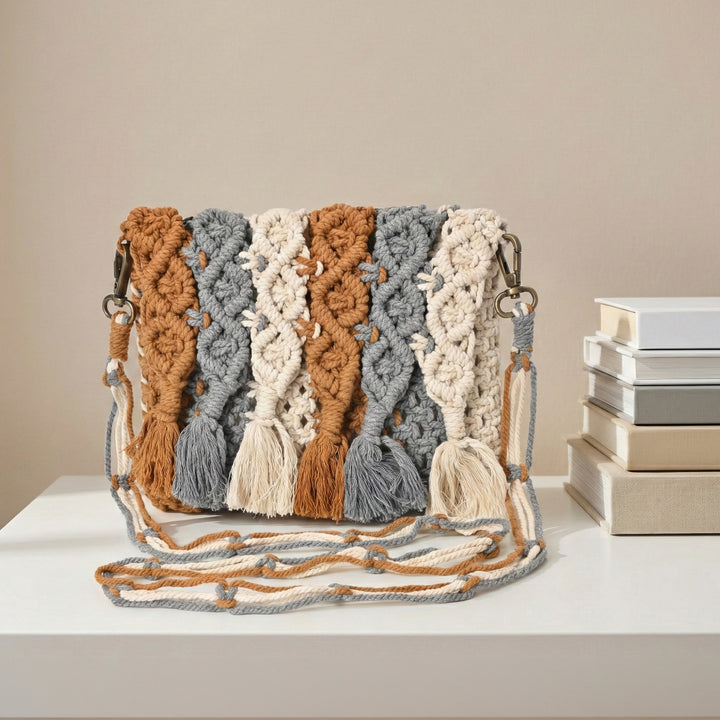 Boho Cotton Macrame Fringe Crossbody Bag – Handmade Woven Crochet Tassel Purse for Women