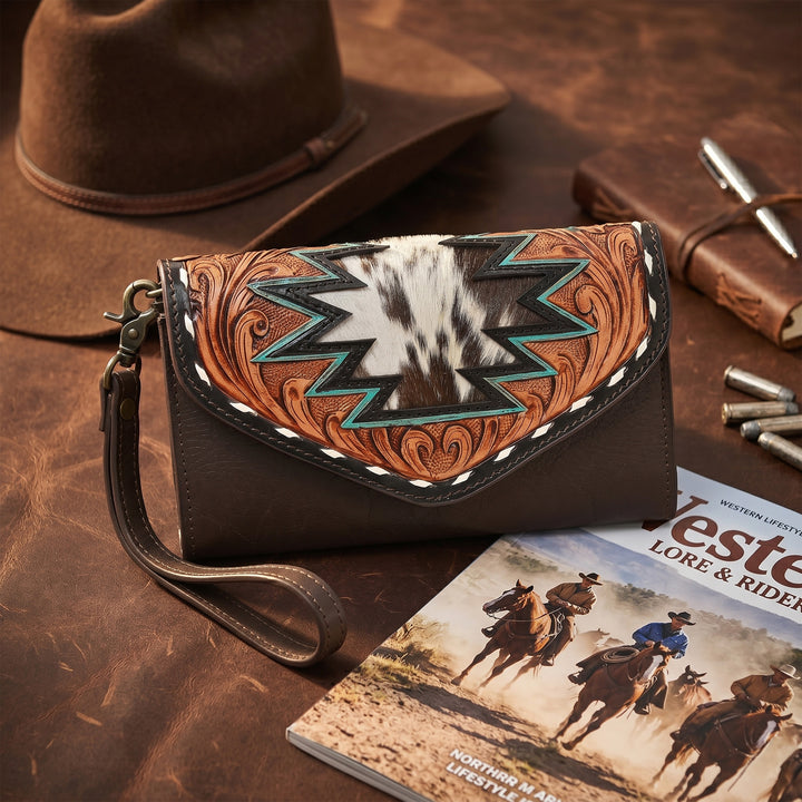 Cowgirl Tooled Leather Wristlet Wallet – Western Cowhide Clutch with Strap