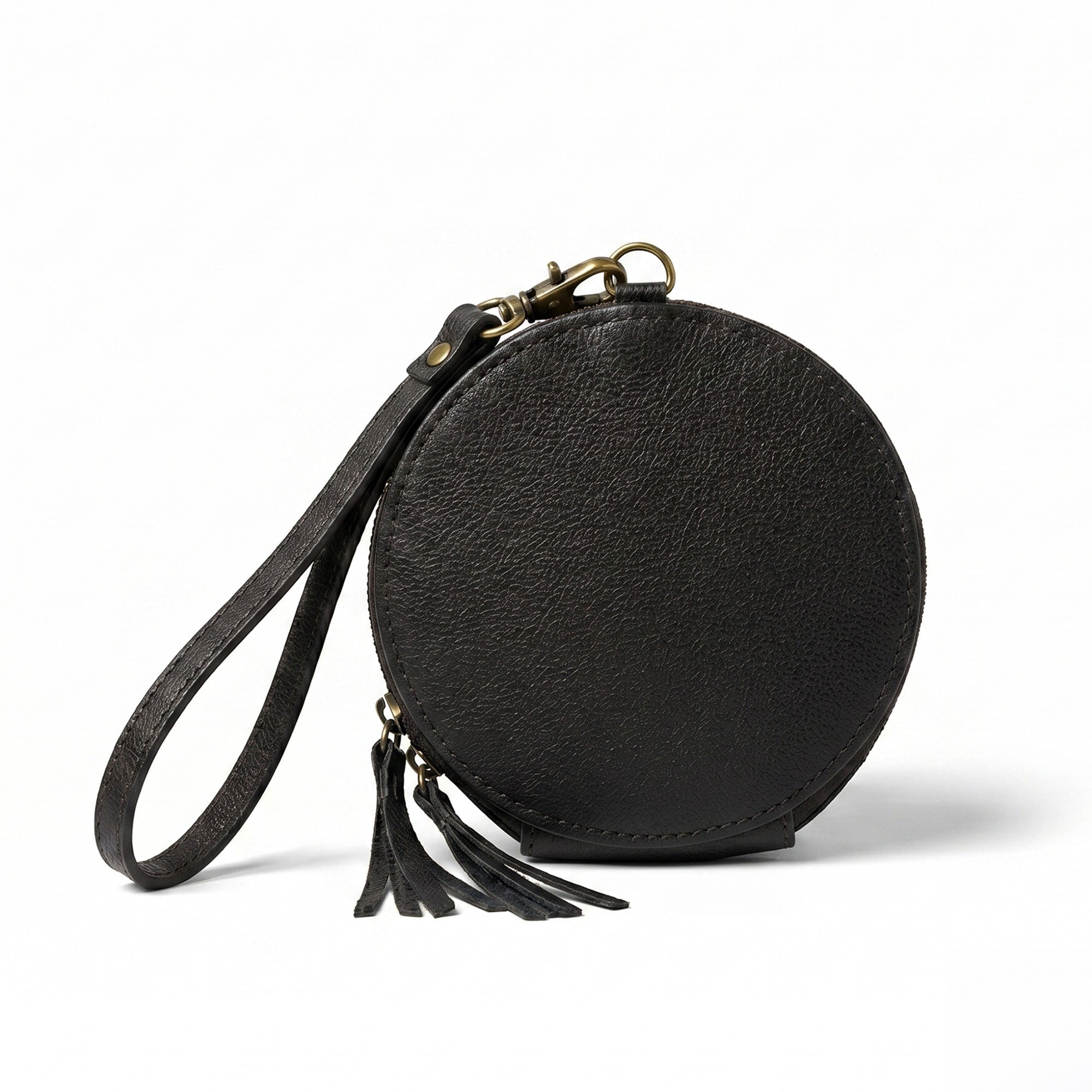 Black western leather round wristlet wallet with boot stitch pattern