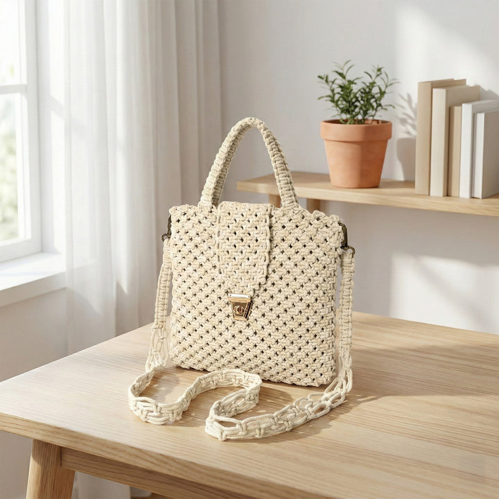 Handmade Cotton Macrame Top Handle Bag – Boho Woven Crochet Crossbody Handbag for Women
