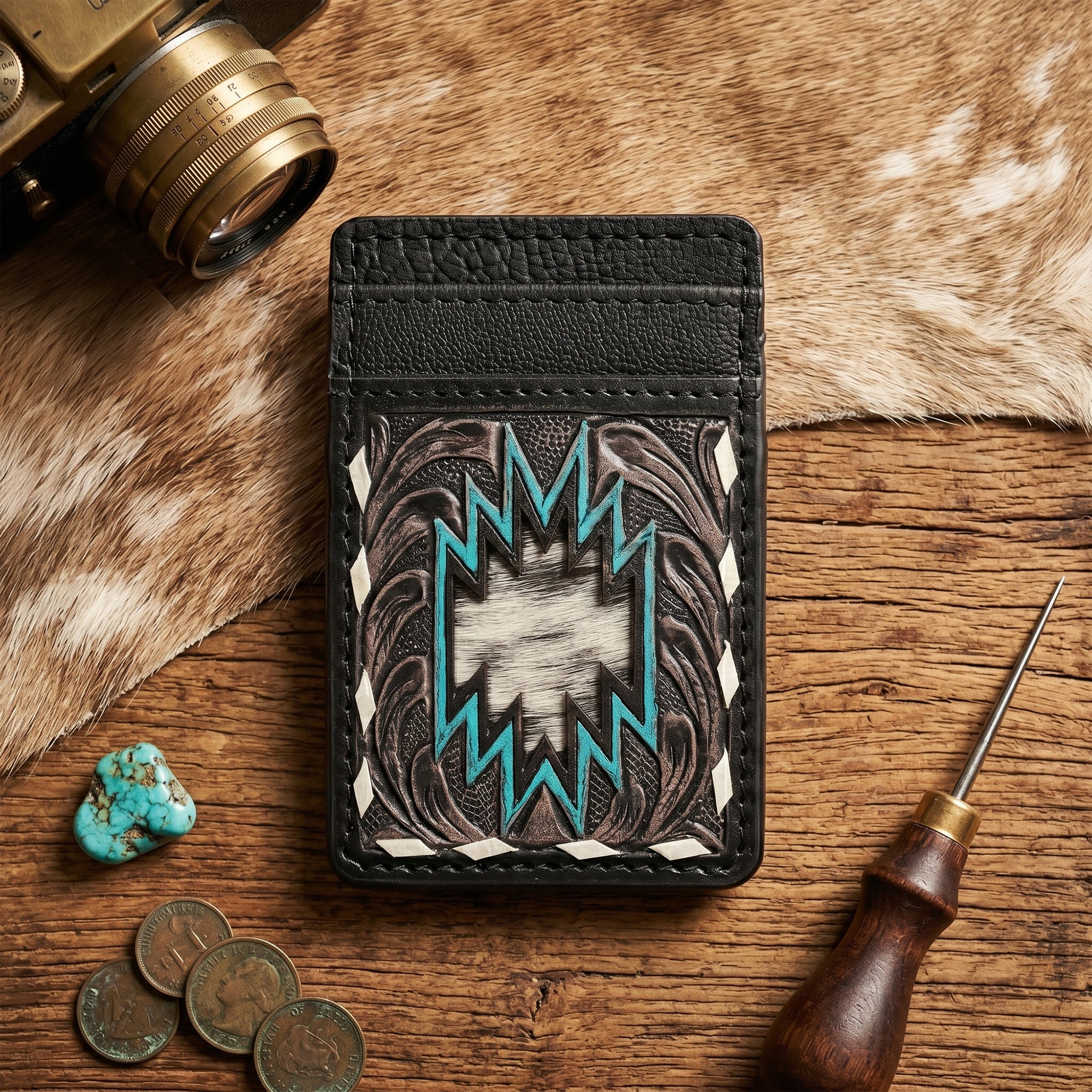 Thunderhide Leather Cardholder Wallet – Handcrafted Western Tooled Slim Wallet