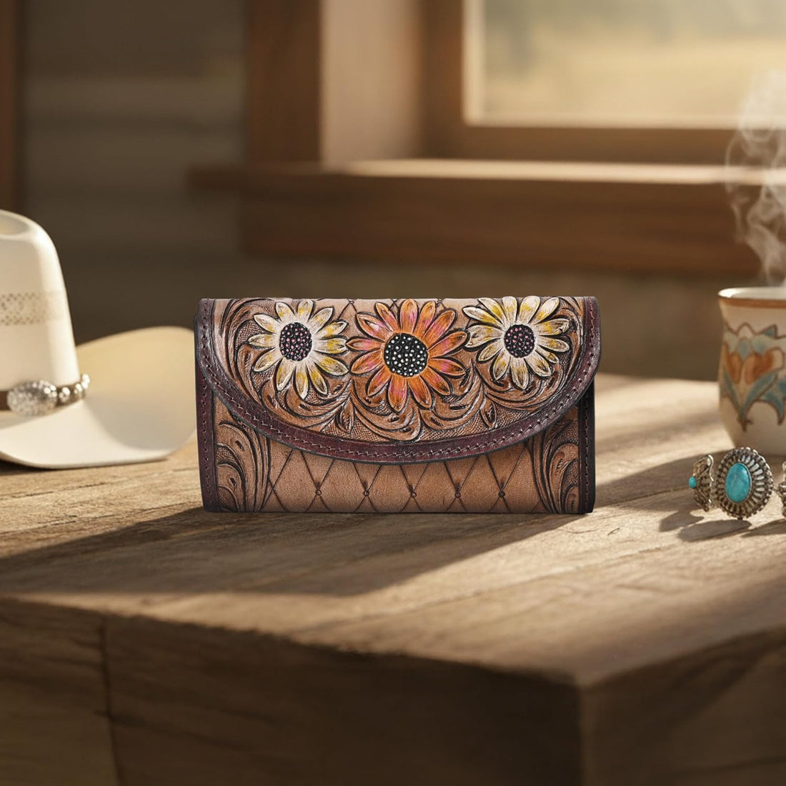Cutie Brown Flower Tooled Wallet