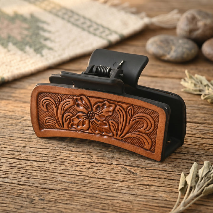 Western Tooled Floral Hair Claw Clip – Leather-Inspired Strong Hold Hair Clamp