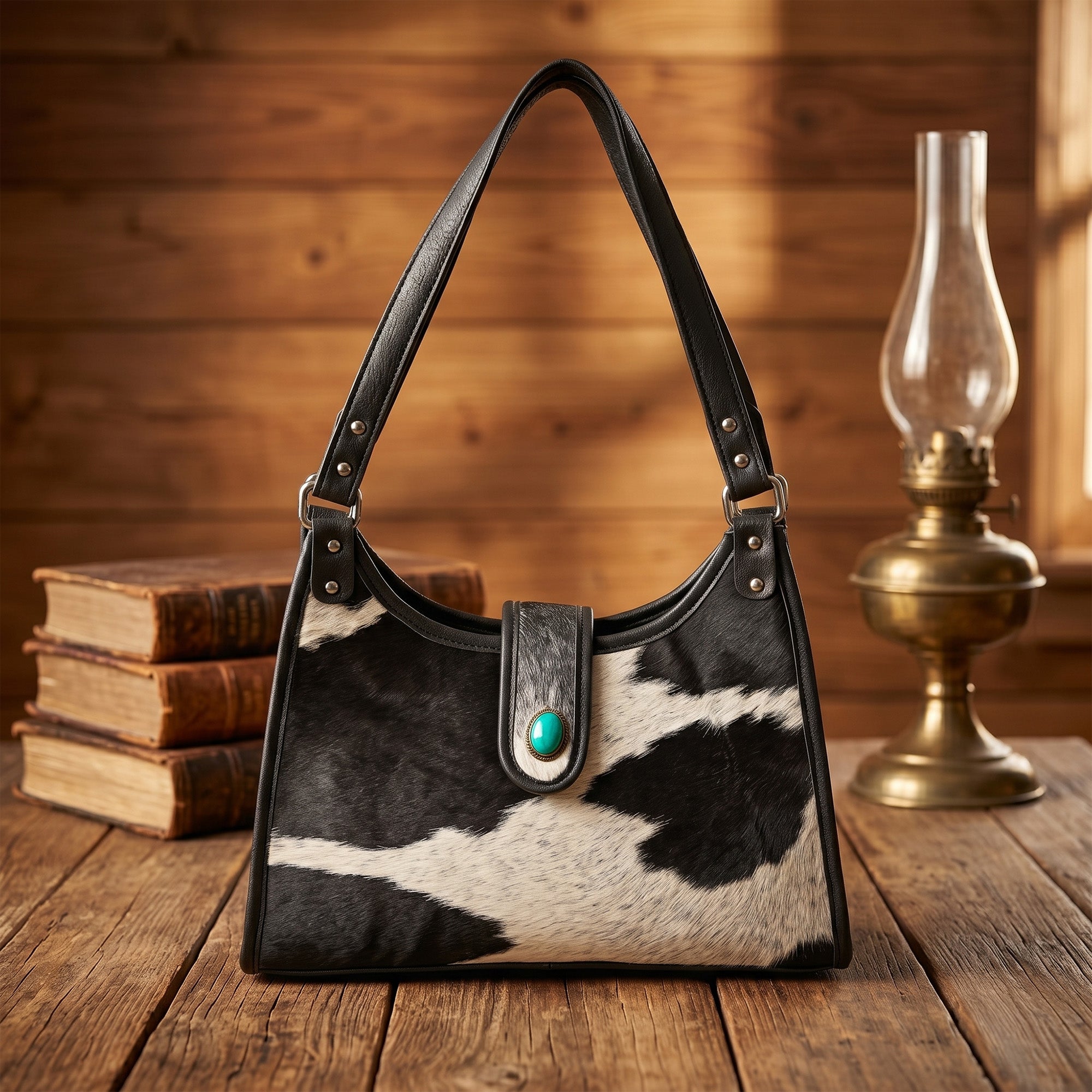 Prairie Moon Hair-On Hide Hobo Bag – Cowhide Leather Shoulder Bag with Turquoise Accent