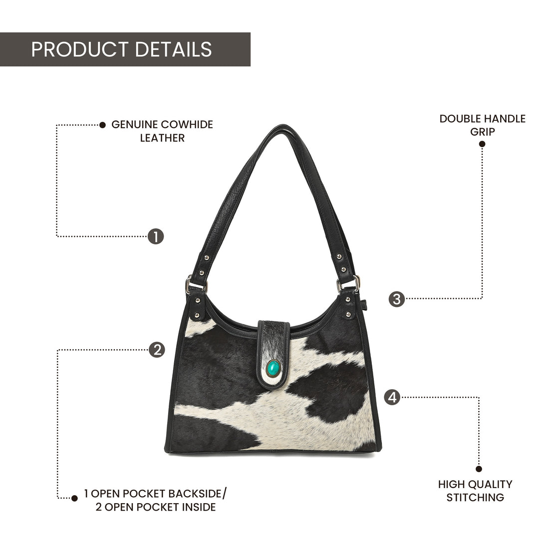 Prairie Moon Hair-On Hide Hobo Bag – Cowhide Leather Shoulder Bag with Turquoise Accent