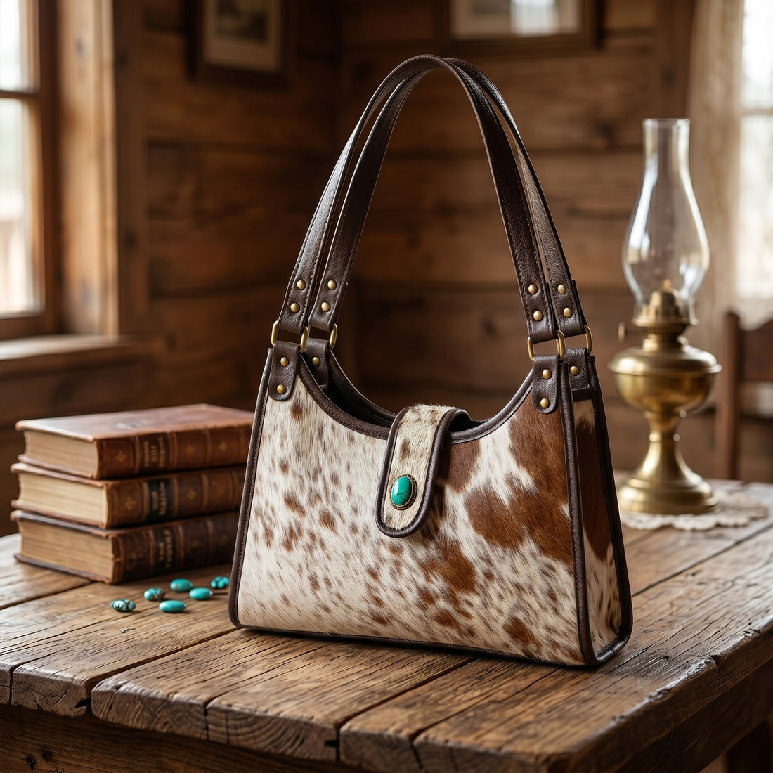 Prairie Moon Hair-On Hide Hobo Bag – Cowhide Leather Shoulder Bag with Turquoise Accent