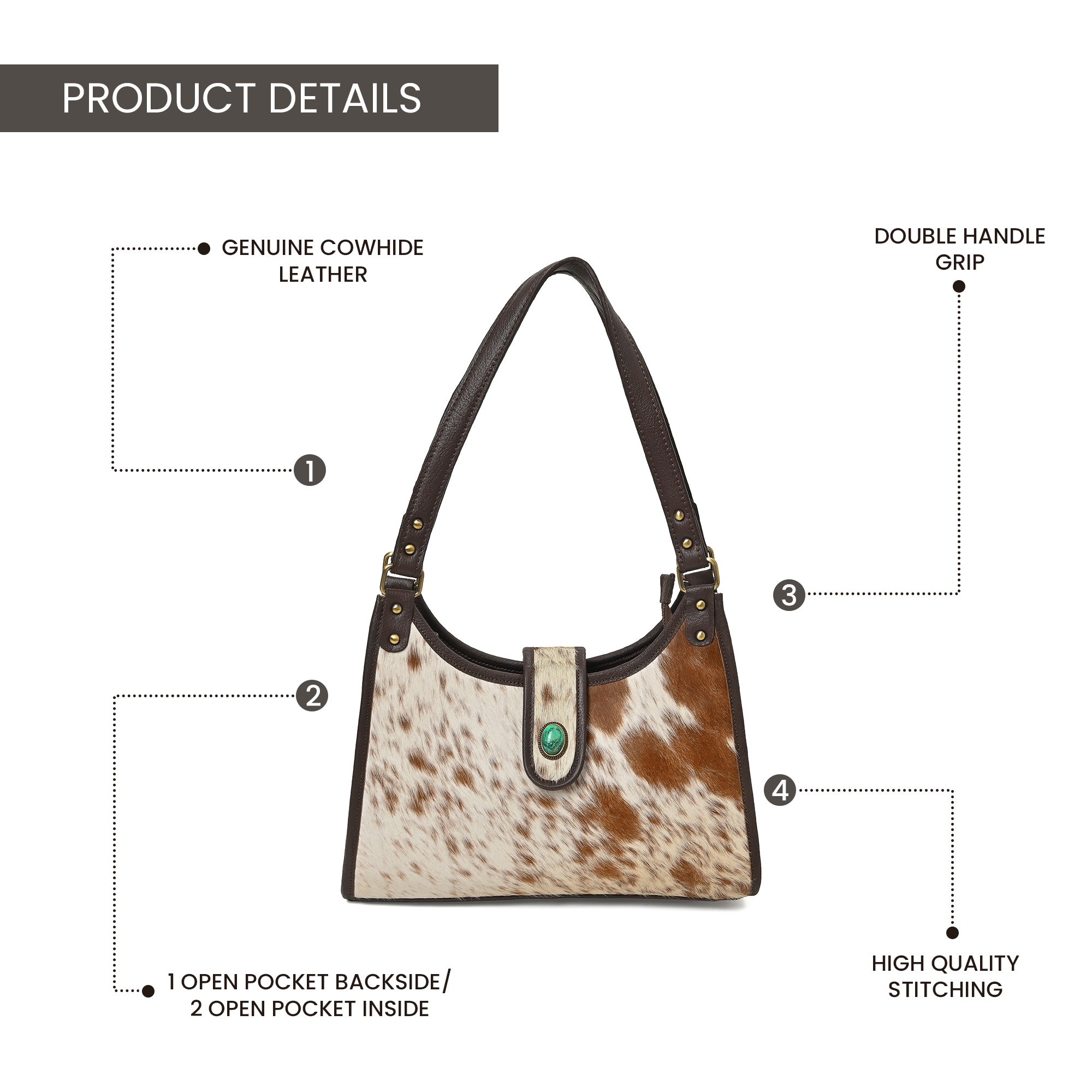 Prairie Moon Hair-On Hide Hobo Bag – Cowhide Leather Shoulder Bag with Turquoise Accent