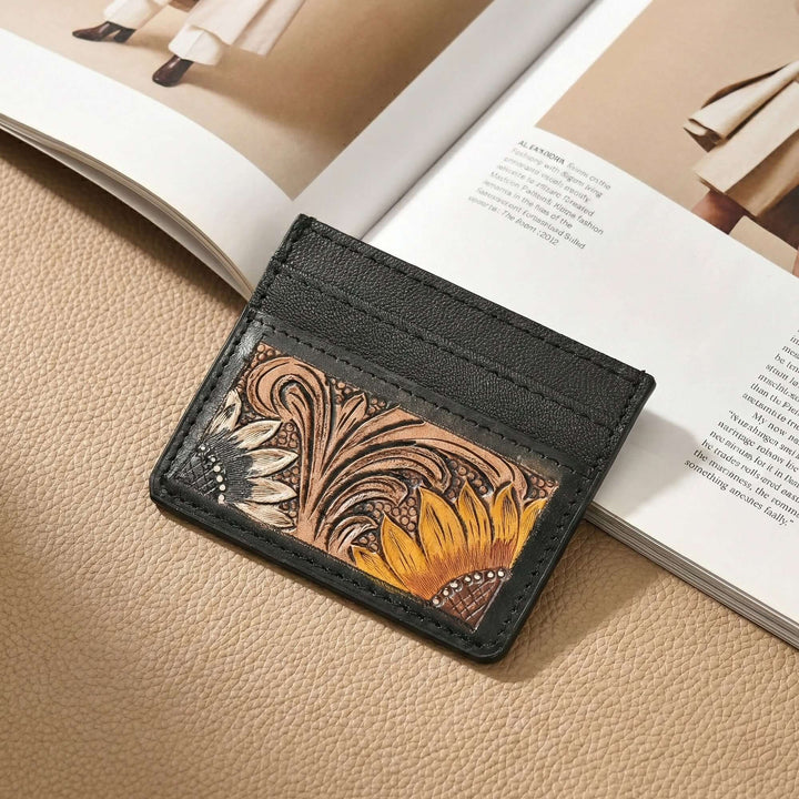 Sunflower Ridge Tooled Card Holder – Handcrafted Leather Wallet