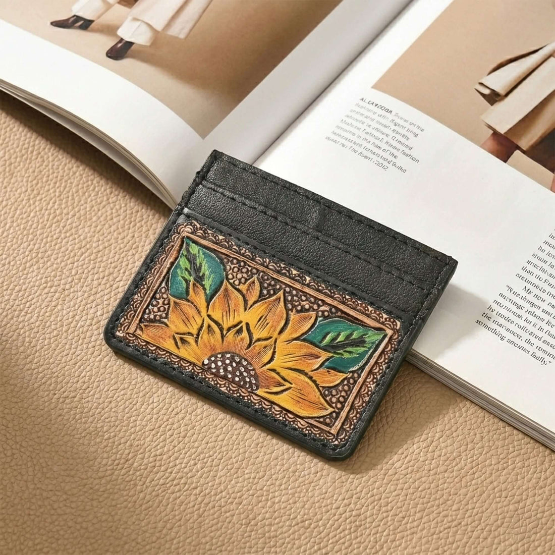 Golden Sunflower Tooled Card Holder – Handcrafted Leather