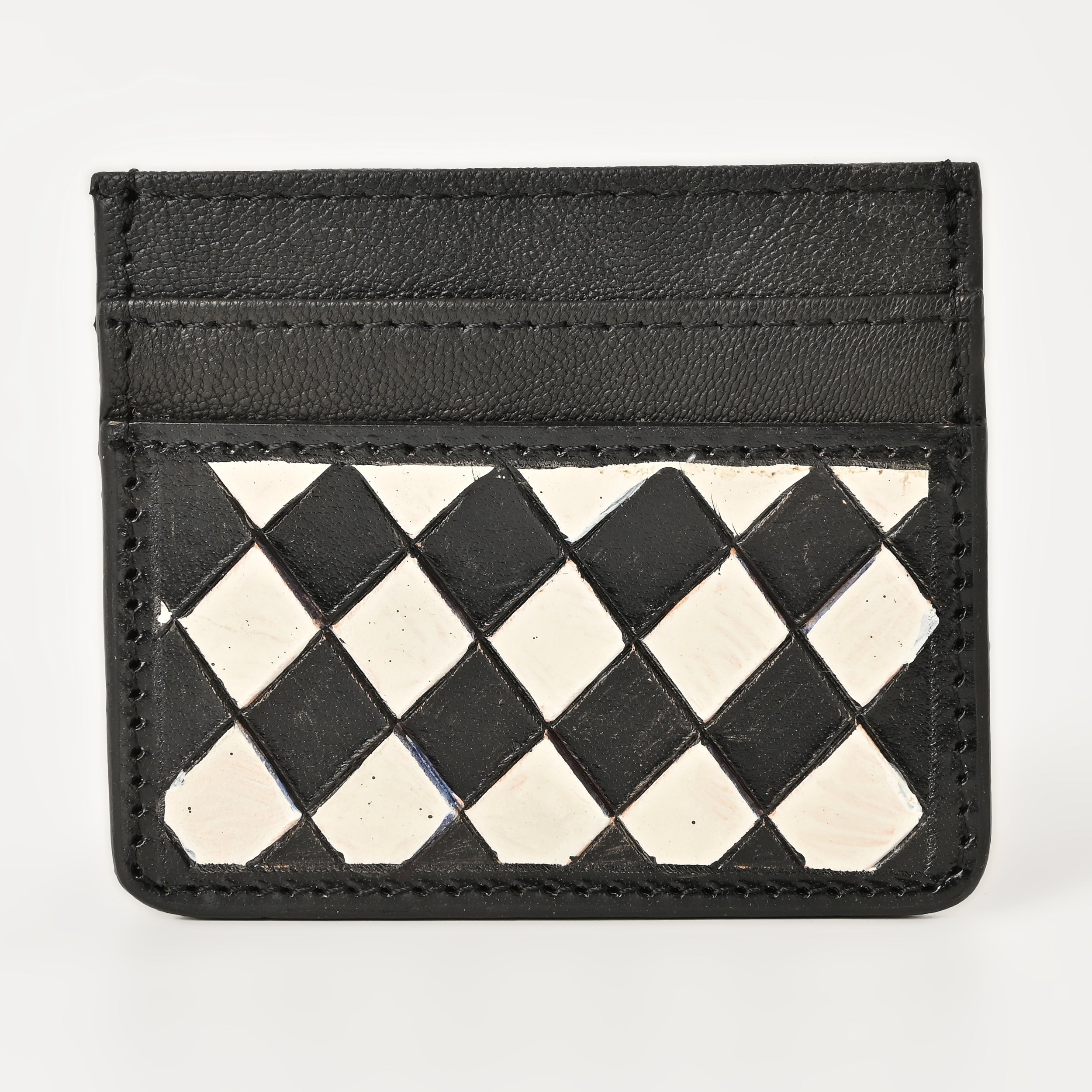 Black & Ivory Grid Card Wallet – Handcrafted Leather