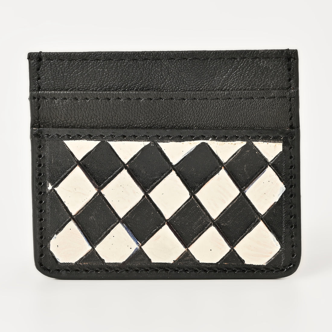 Black & Ivory Grid Card Wallet – Handcrafted Leather