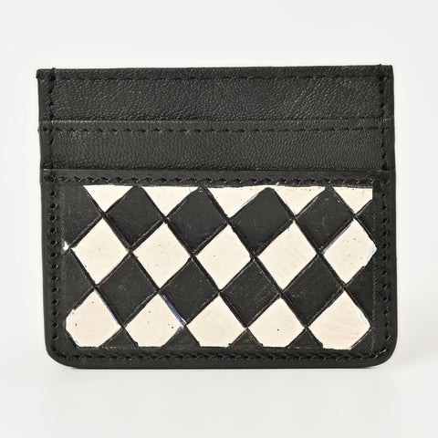 Black & Ivory Grid Card Wallet – Handcrafted Leather