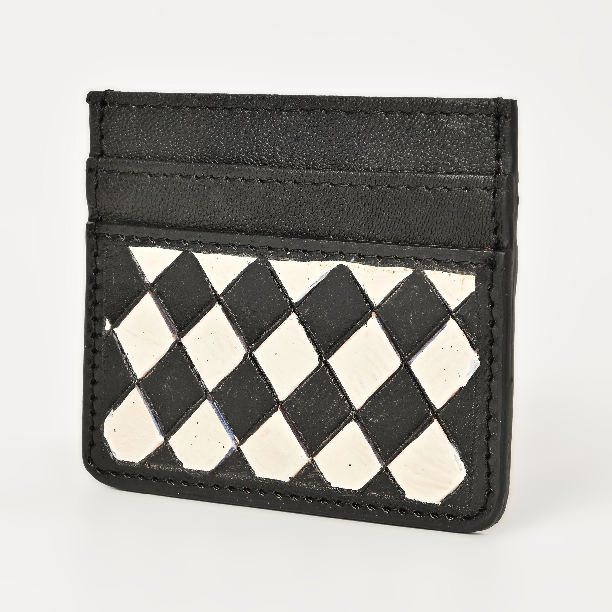 Black & Ivory Grid Card Wallet – Handcrafted Leather