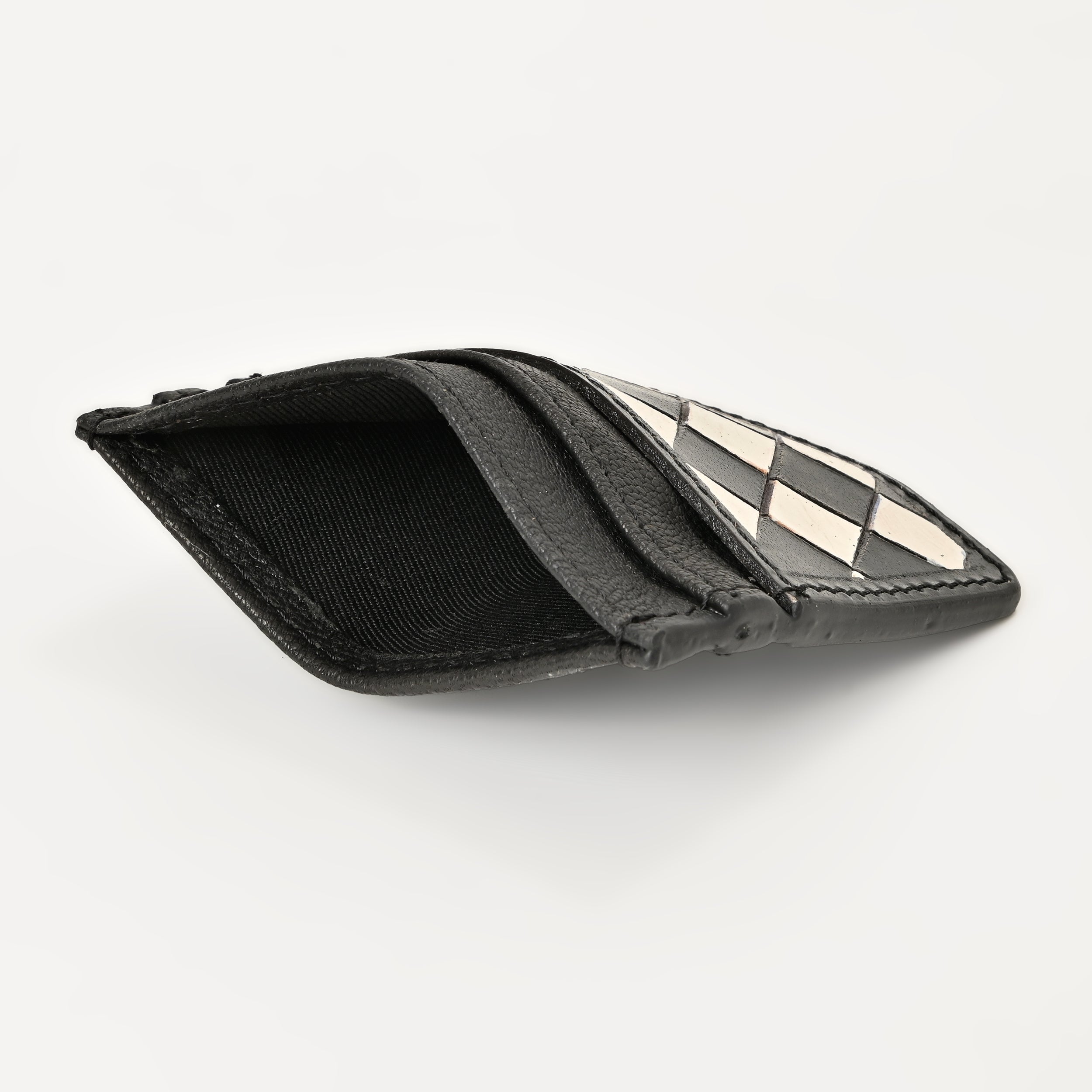 Black & Ivory Grid Card Wallet – Handcrafted Leather