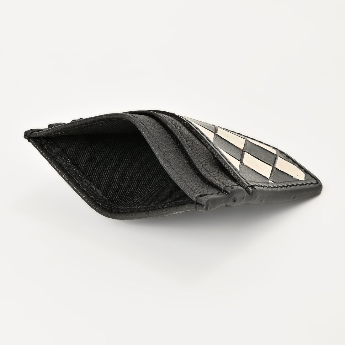 Black & Ivory Grid Card Wallet – Handcrafted Leather