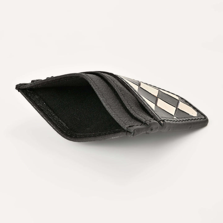Black & Ivory Grid Card Wallet – Handcrafted Leather