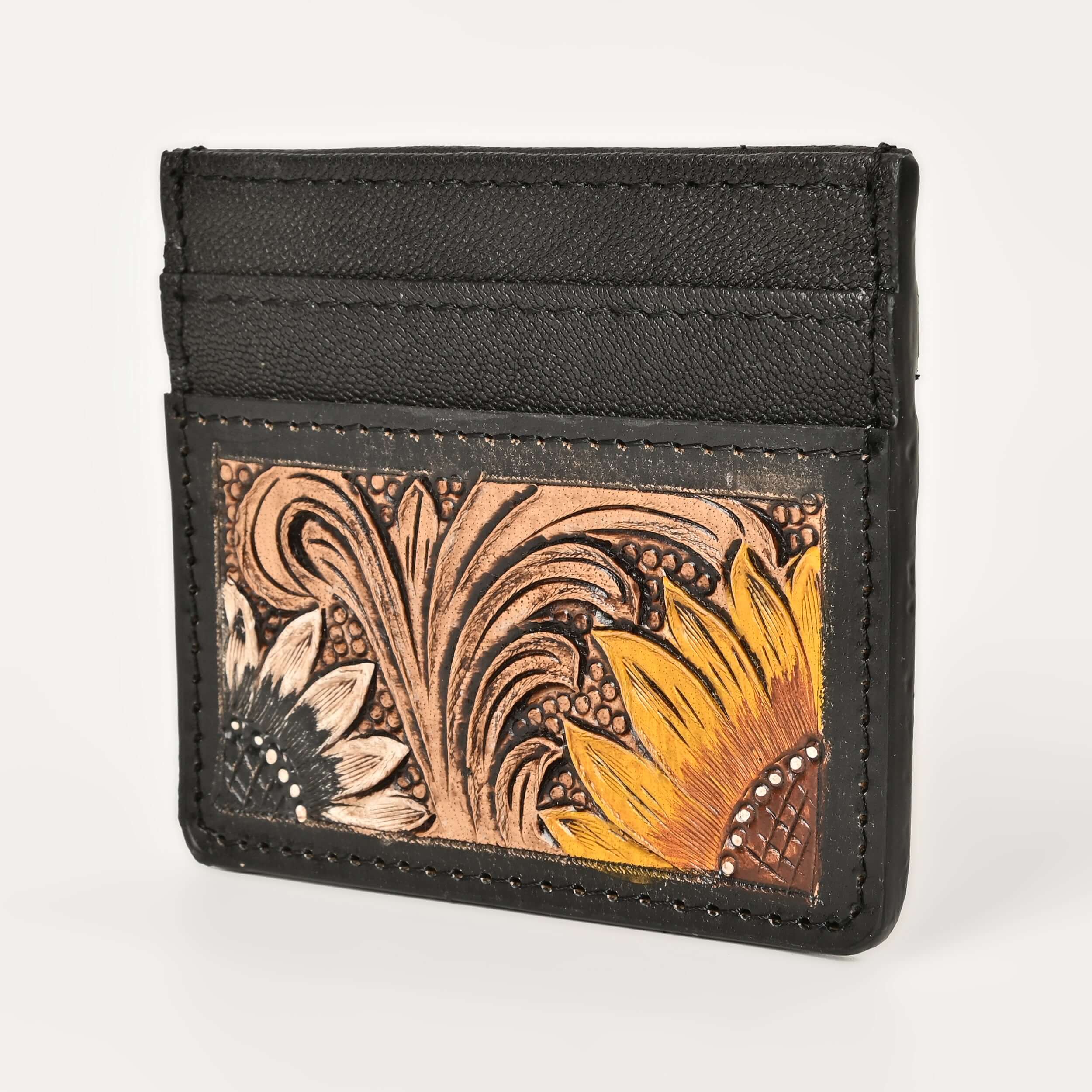 Sunflower Ridge Tooled Card Holder – Handcrafted Leather Wallet