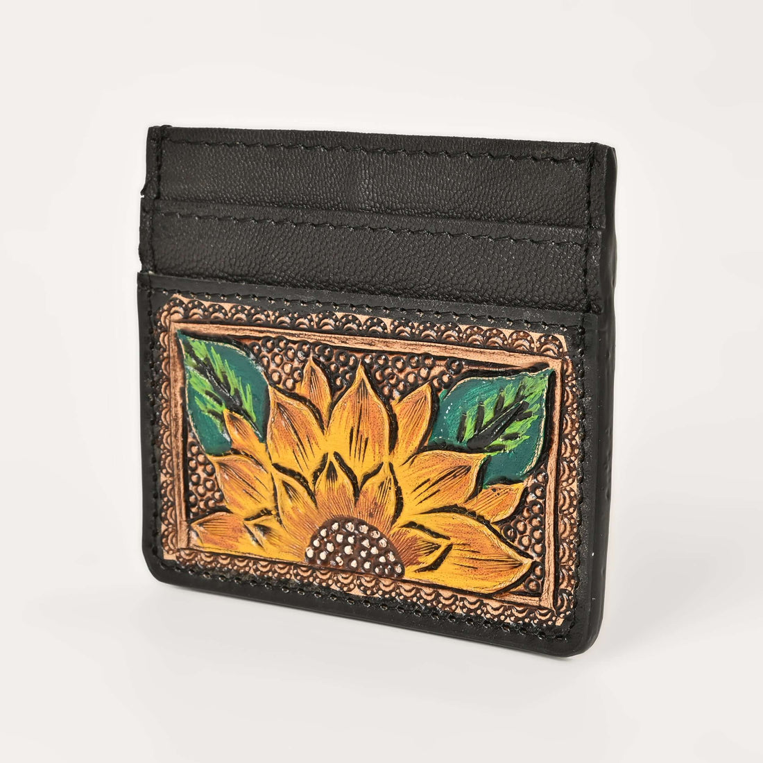 Golden Sunflower Tooled Card Holder – Handcrafted Leather