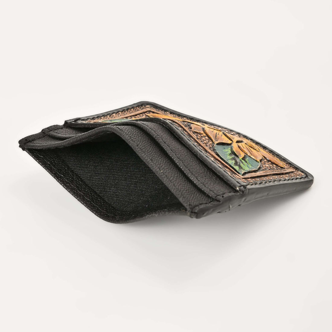 Golden Sunflower Tooled Card Holder – Handcrafted Leather