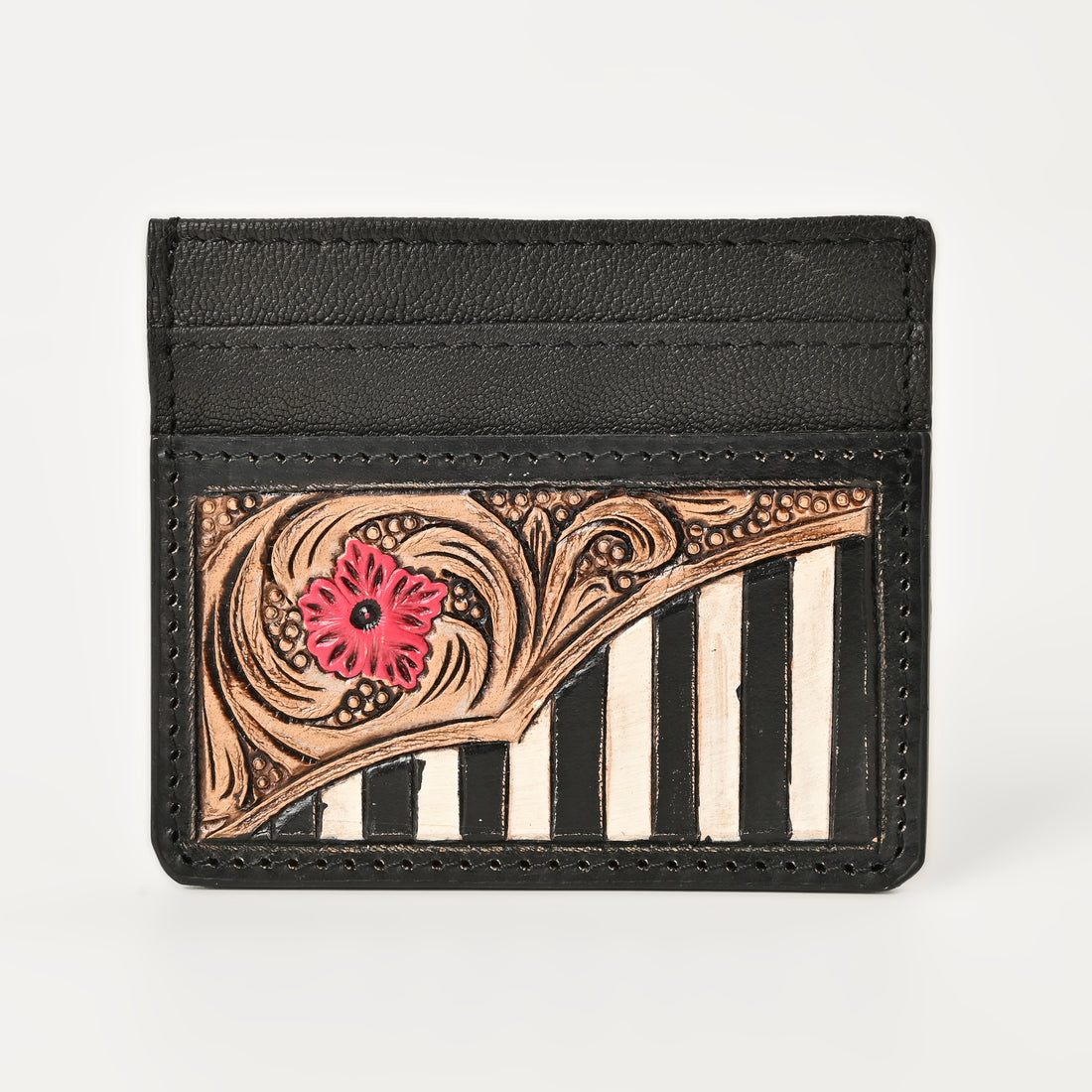 Black & Ivory Grid Card Wallet – Handcrafted Leather