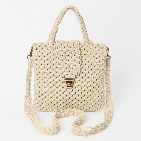 Handmade Cotton Macrame Top Handle Bag – Boho Woven Crochet Crossbody Handbag for Women