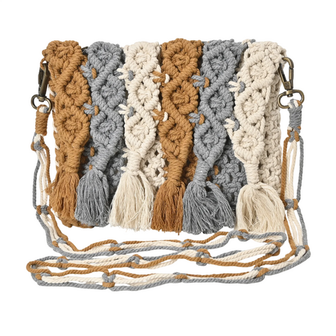 Boho Cotton Macrame Fringe Crossbody Bag – Handmade Woven Crochet Tassel Purse for Women