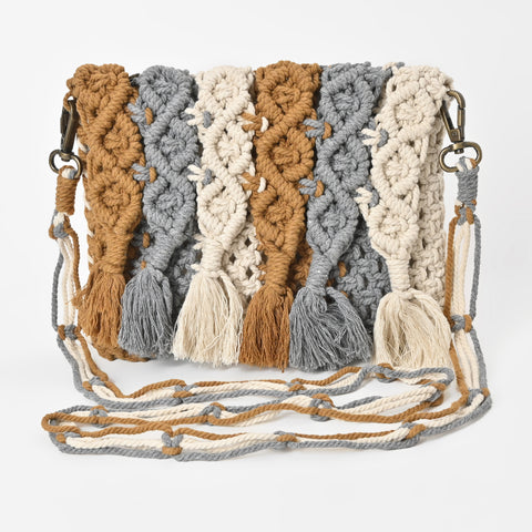 Boho Cotton Macrame Fringe Crossbody Bag – Handmade Woven Crochet Tassel Purse for Women