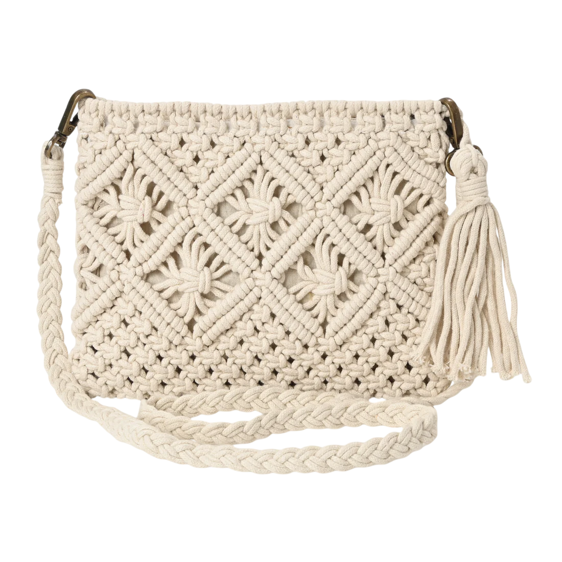Boho Cotton Macrame Crossbody Bag – Handmade Woven Crochet Purse with Braided Strap and Tassel for Women