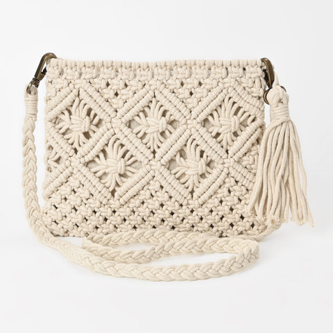 Boho Cotton Macrame Crossbody Bag – Handmade Woven Crochet Purse with Braided Strap and Tassel for Women