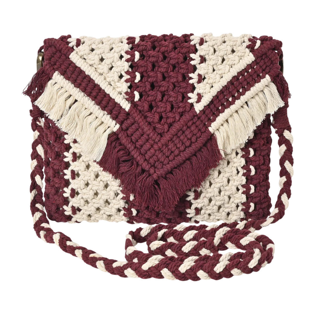 Boho Cotton Macrame Flap Bag – Handmade Woven Crochet Fringe Crossbody Purse for Women