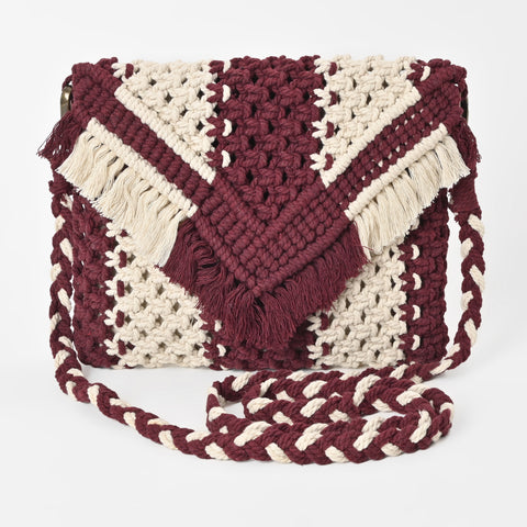 Boho Cotton Macrame Flap Bag – Handmade Woven Crochet Fringe Crossbody Purse for Women
