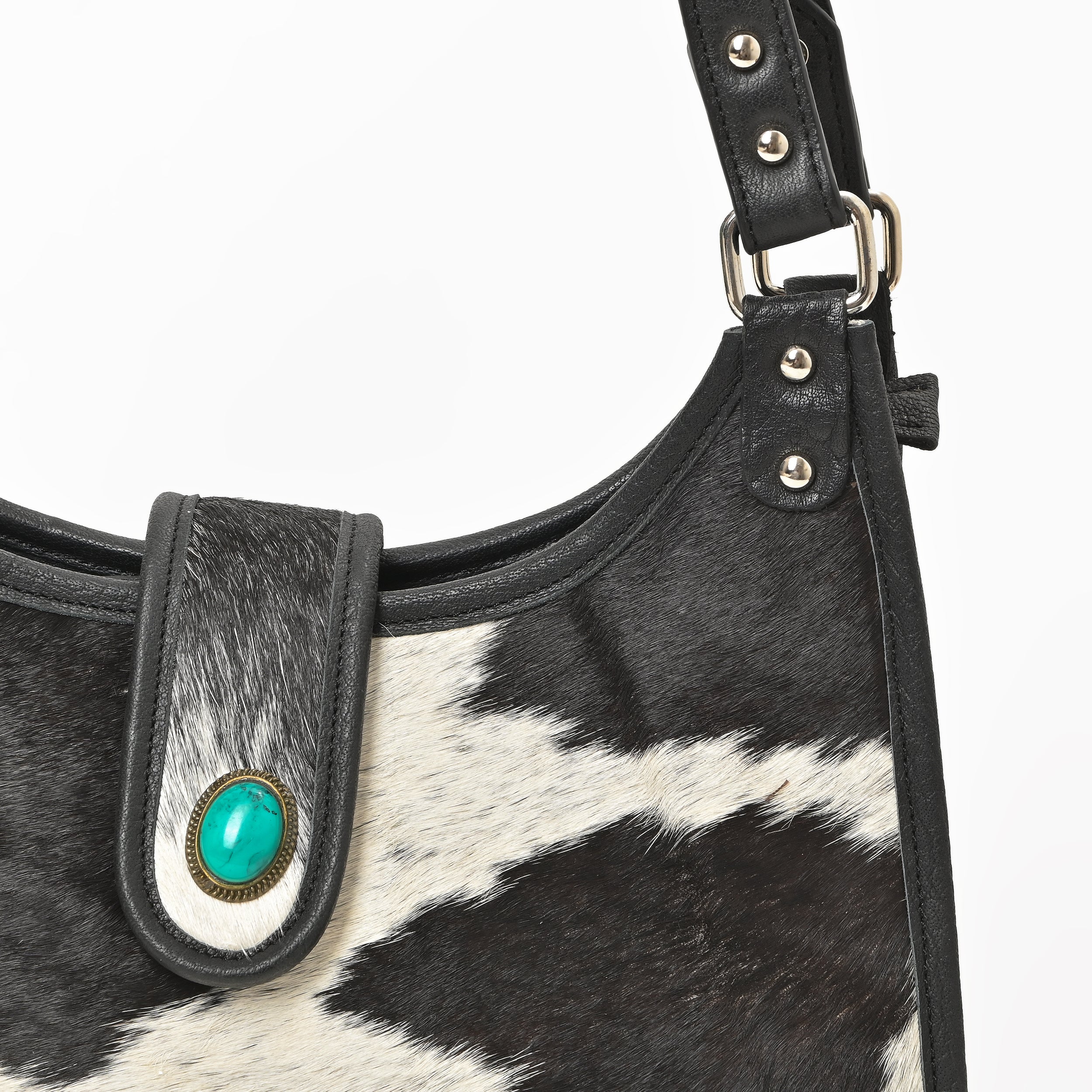 Prairie Moon Hair-On Hide Hobo Bag – Cowhide Leather Shoulder Bag with Turquoise Accent