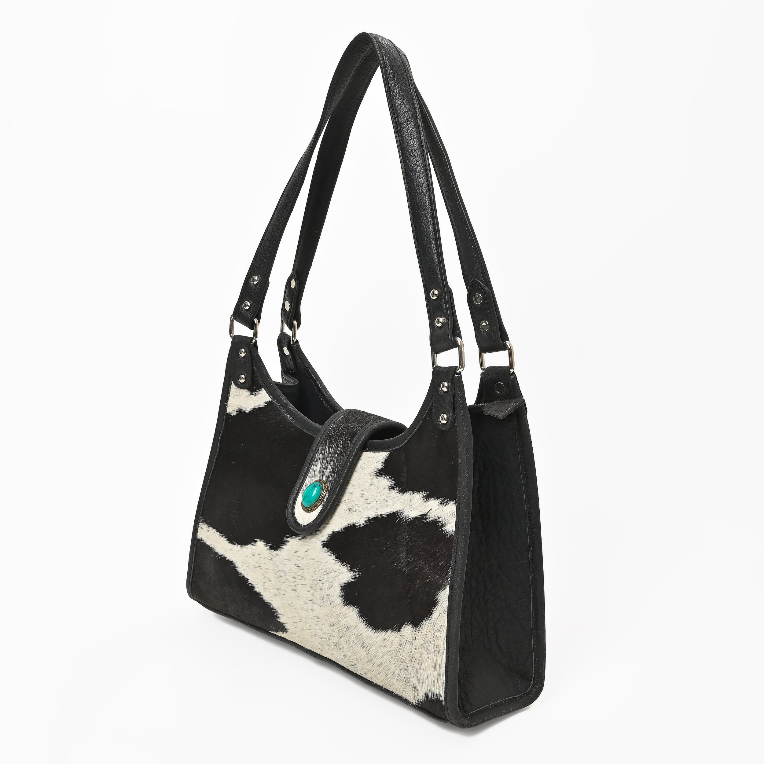 Prairie Moon Hair-On Hide Hobo Bag – Cowhide Leather Shoulder Bag with Turquoise Accent