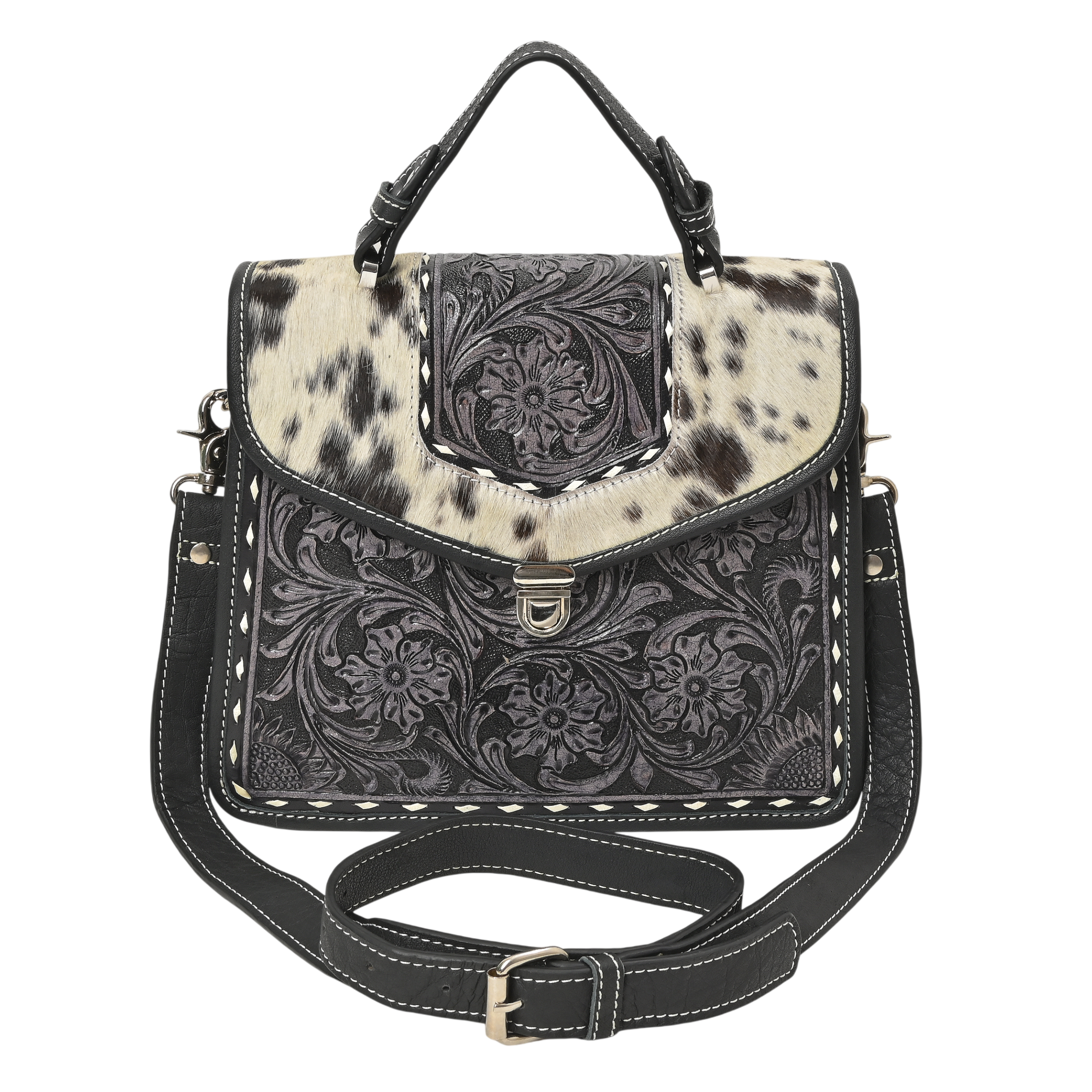 Cowhide Floral Ranger Leather Bag – Western Tooled Handbag with Crossbody Strap