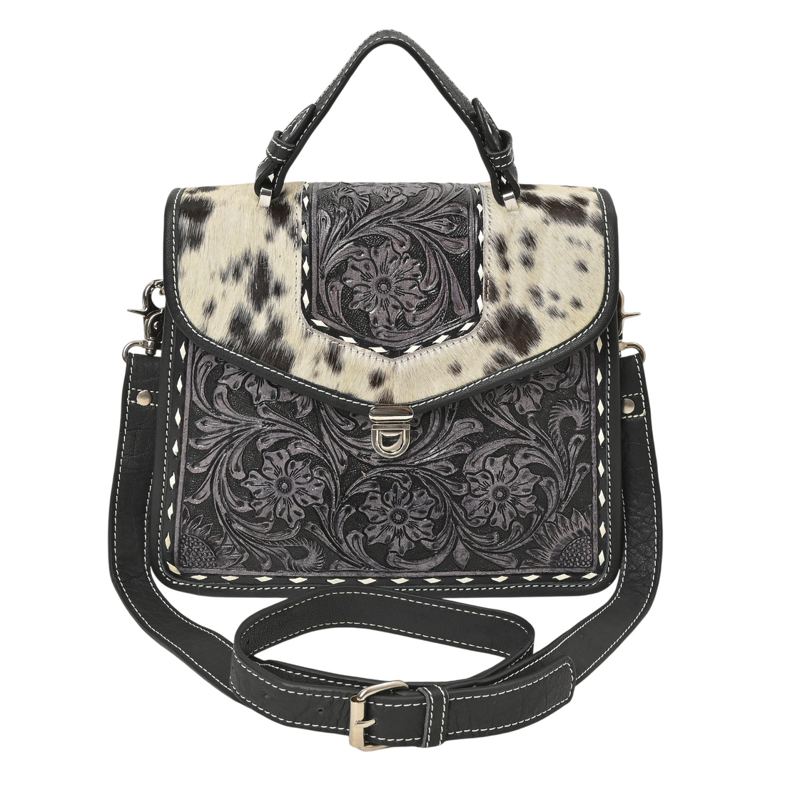 Cowhide Floral Ranger Leather Bag – Western Tooled Handbag with Crossbody Strap