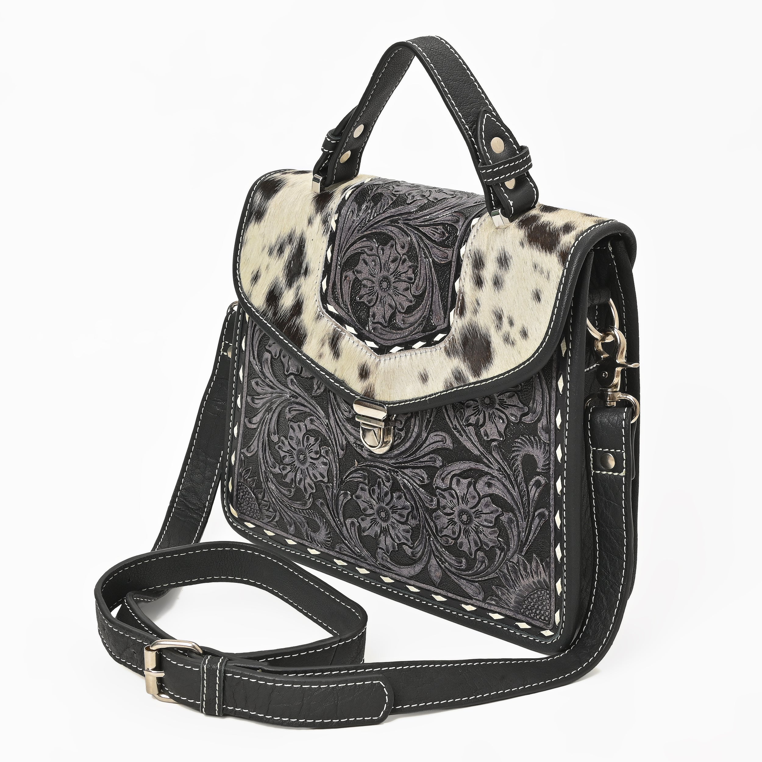 Cowhide Floral Ranger Leather Bag – Western Tooled Handbag with Crossbody Strap