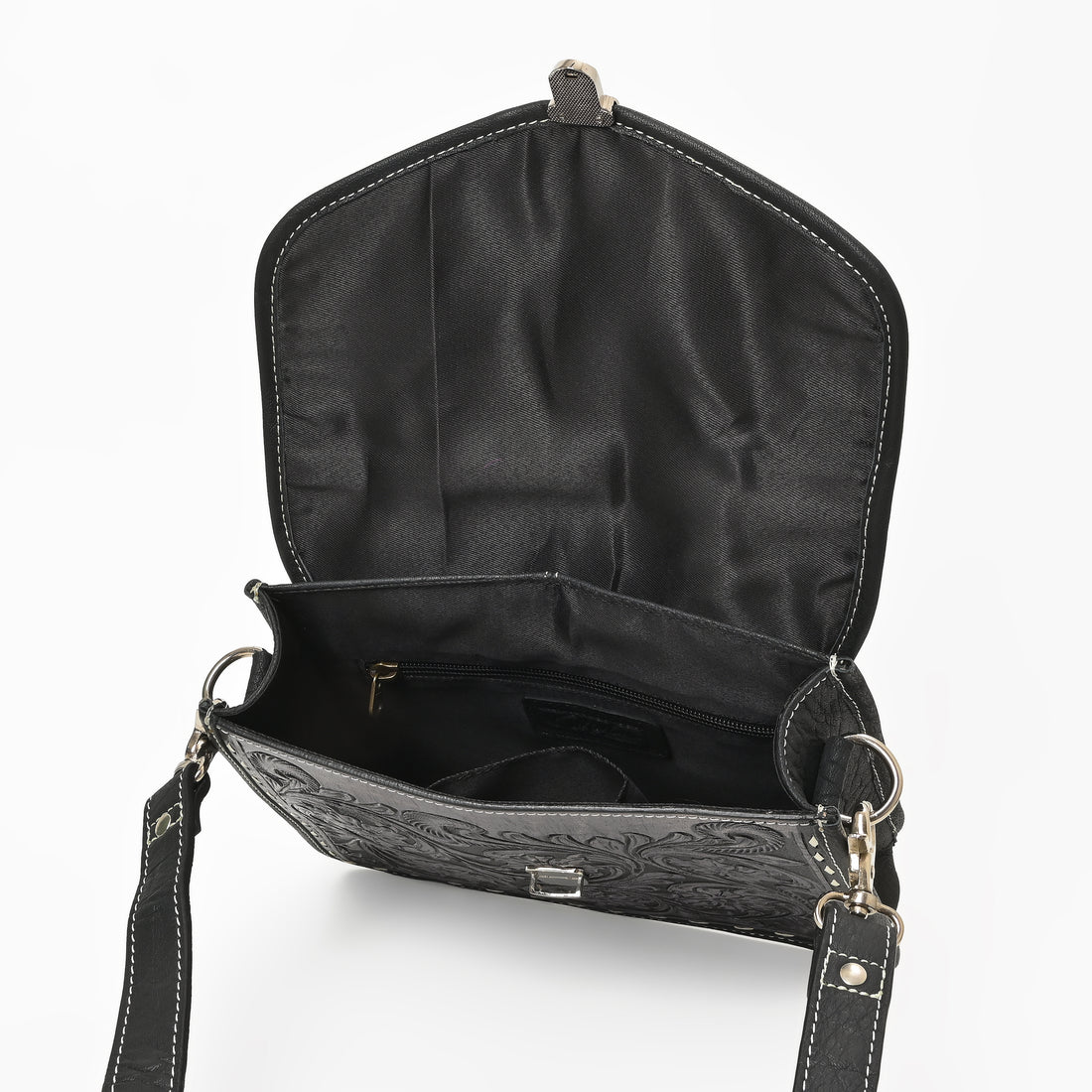 Cowhide Floral Ranger Leather Bag – Western Tooled Handbag with Crossbody Strap