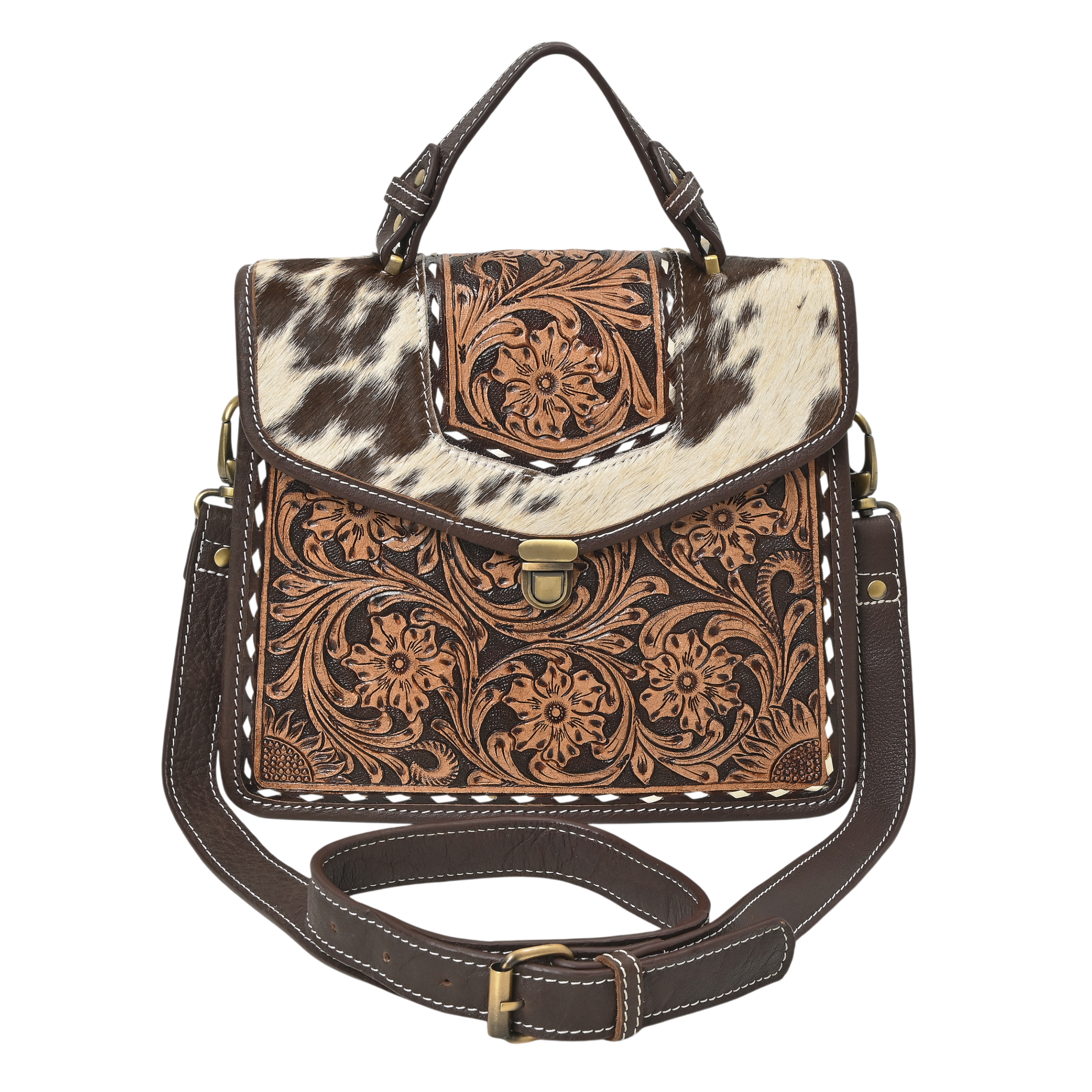 Cowhide Floral Ranger Leather Bag – Western Tooled Handbag with Crossbody Strap
