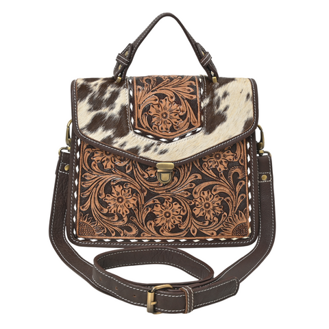 Cowhide Floral Ranger Leather Bag – Western Tooled Handbag with Crossbody Strap