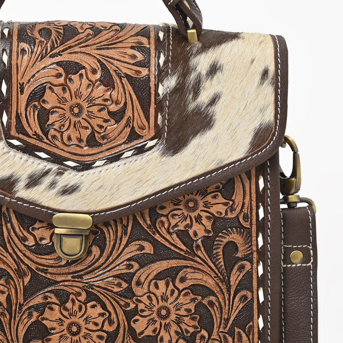 Cowhide Floral Ranger Leather Bag – Western Tooled Handbag with Crossbody Strap