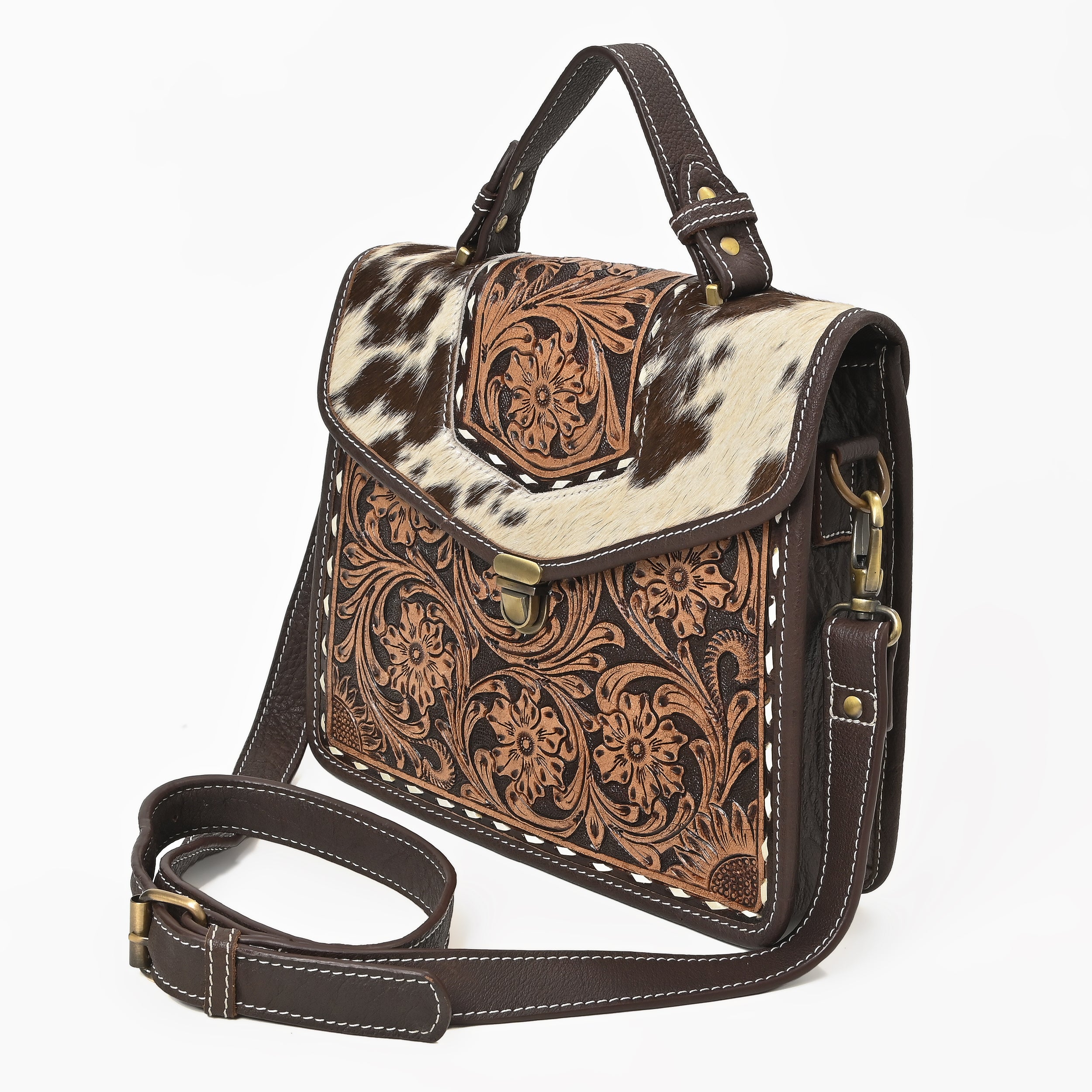Cowhide Floral Ranger Leather Bag – Western Tooled Handbag with Crossbody Strap