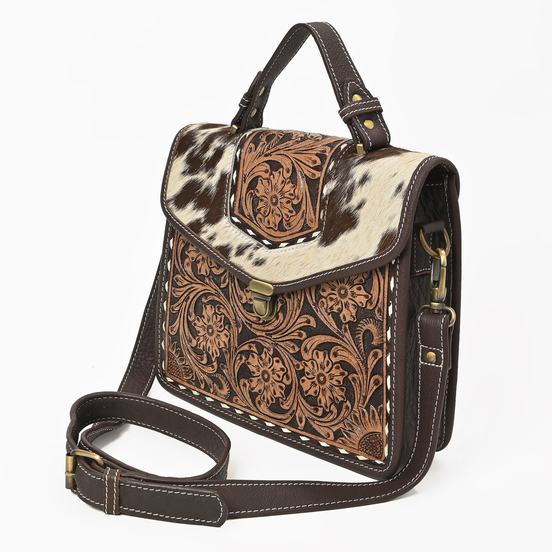 Cowhide Floral Ranger Leather Bag – Western Tooled Handbag with Crossbody Strap