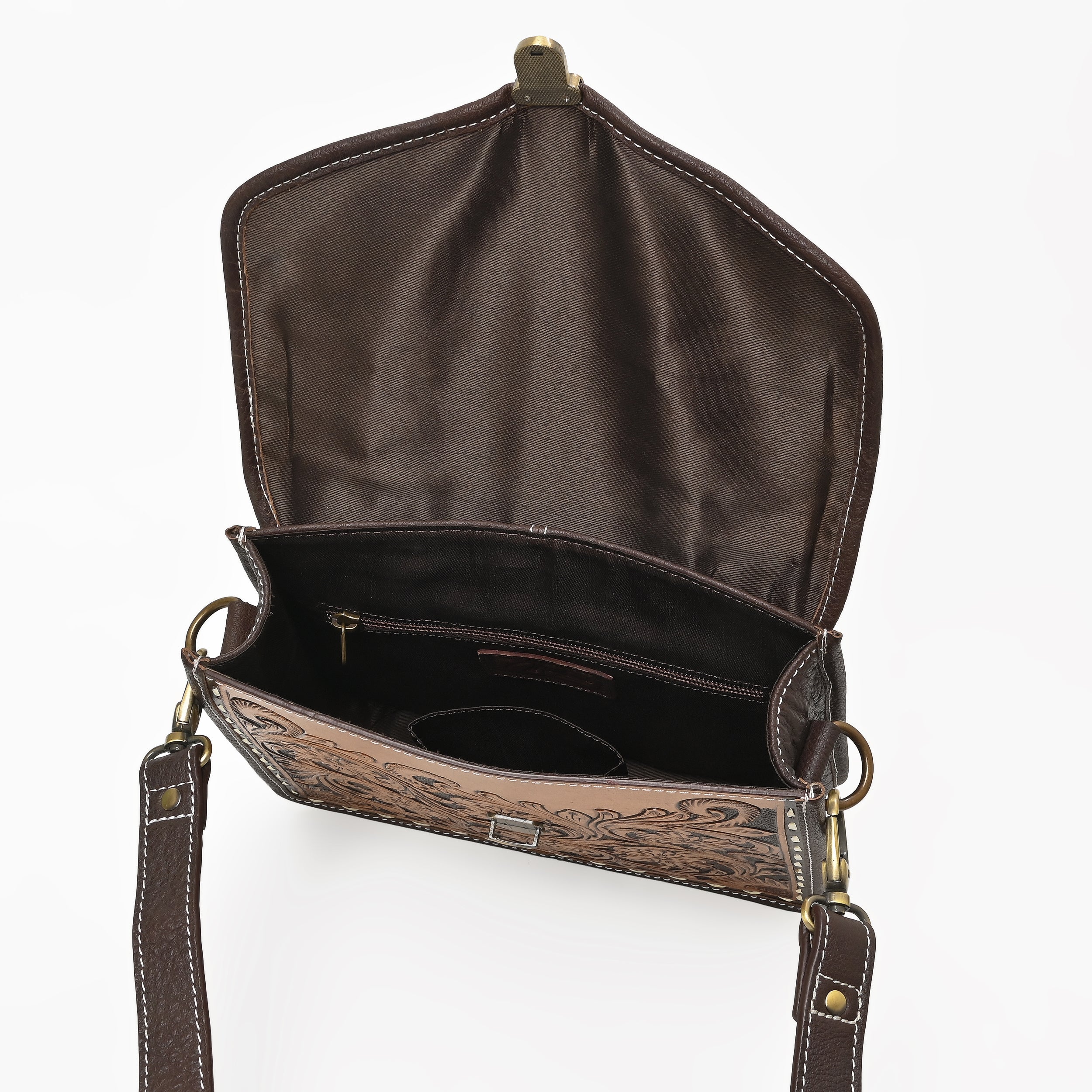 Cowhide Floral Ranger Leather Bag – Western Tooled Handbag with Crossbody Strap