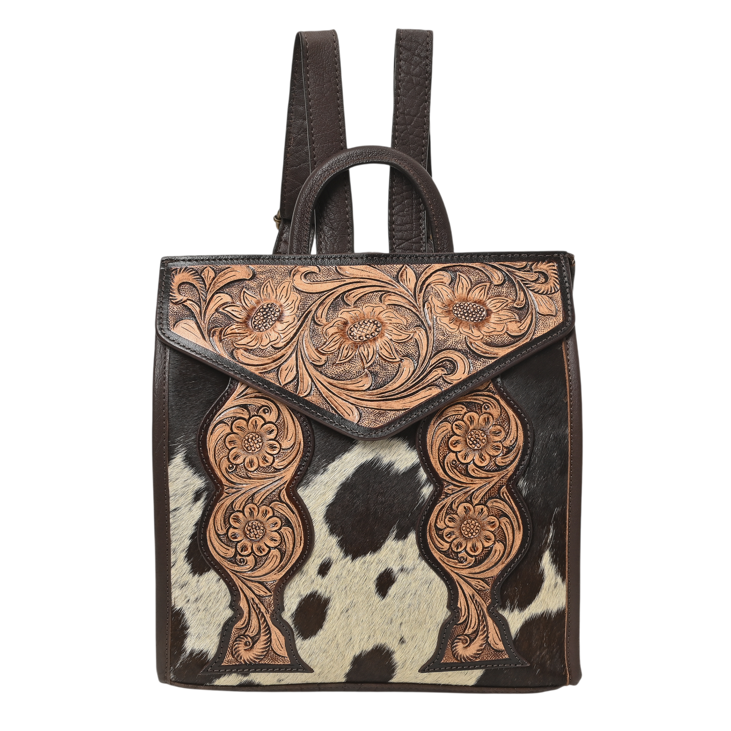 Cowhide Western Bloom Leather Backpack – Floral Tooled Hair-On Leather Bag