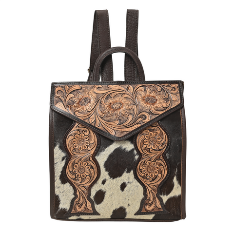 Cowhide Western Bloom Leather Backpack – Floral Tooled Hair-On Leather Bag