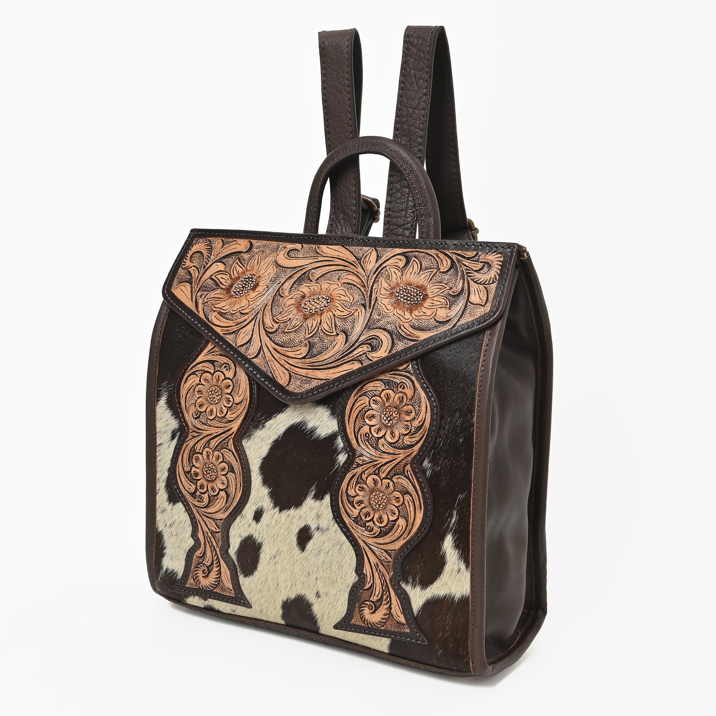 Cowhide Western Bloom Leather Backpack – Floral Tooled Hair-On Leather Bag