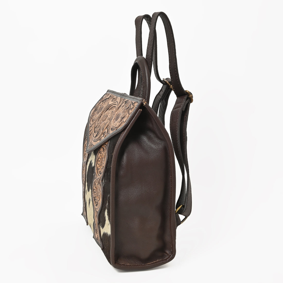Cowhide Western Bloom Leather Backpack – Floral Tooled Hair-On Leather Bag