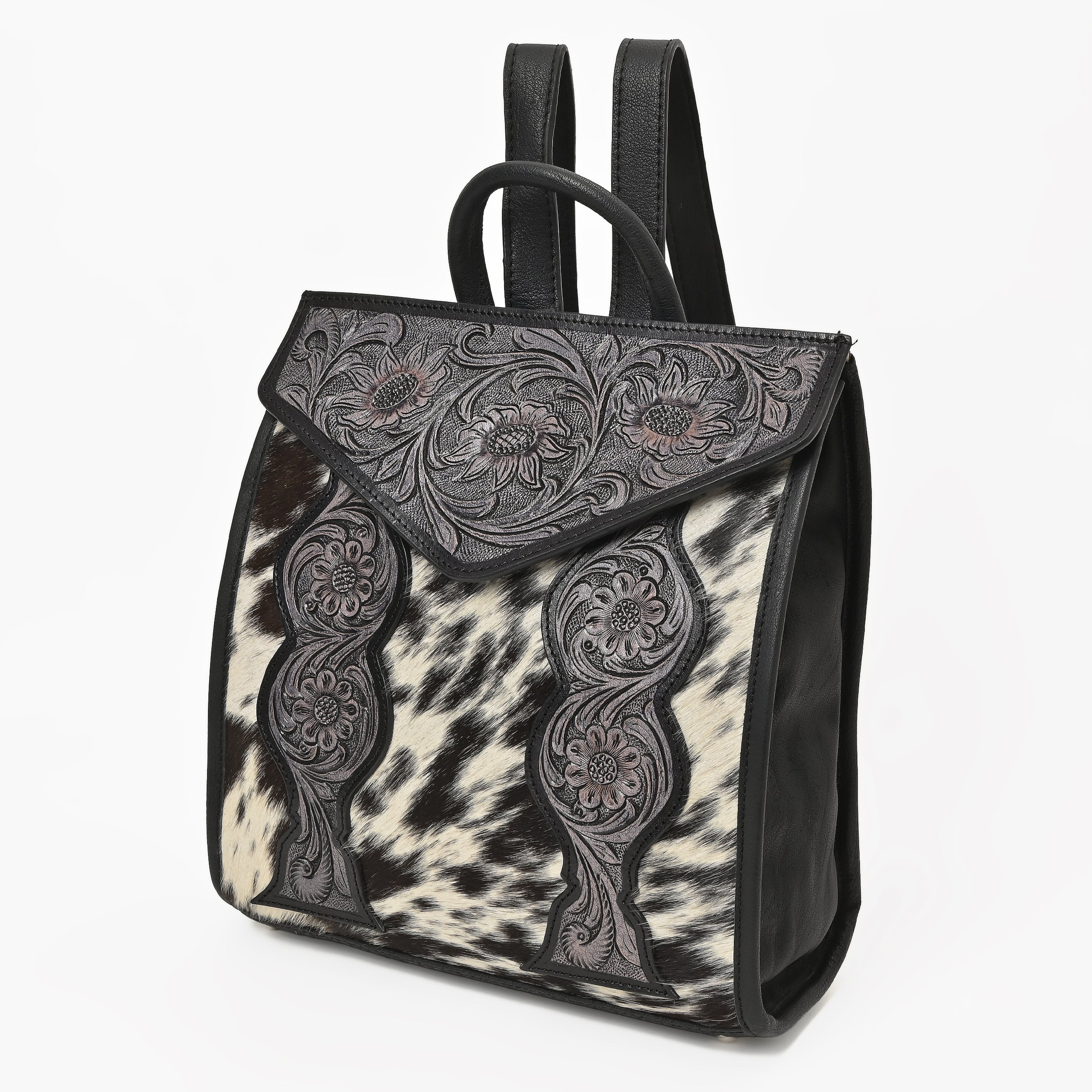 Cowhide Western Bloom Leather Backpack – Floral Tooled Hair-On Leather Bag