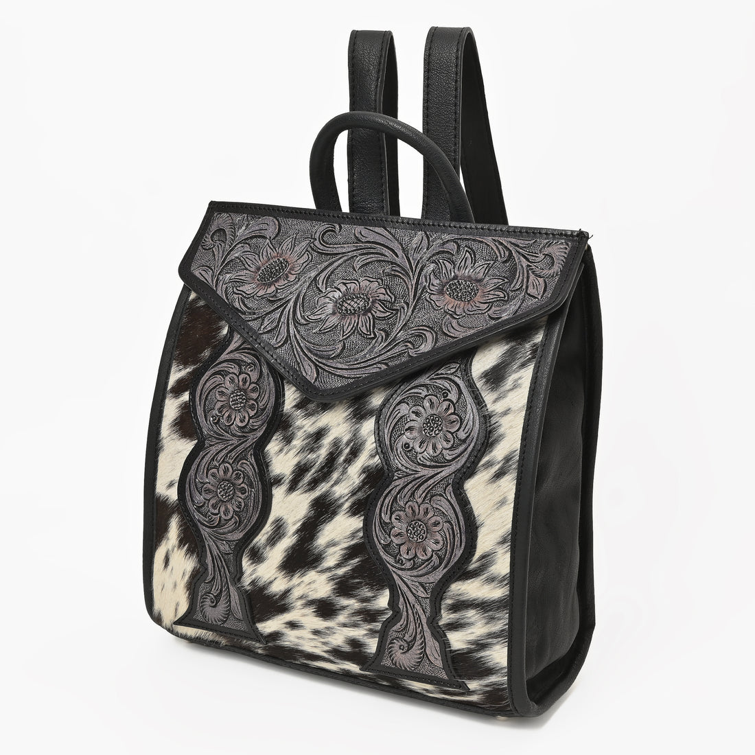 Cowhide Western Bloom Leather Backpack – Floral Tooled Hair-On Leather Bag