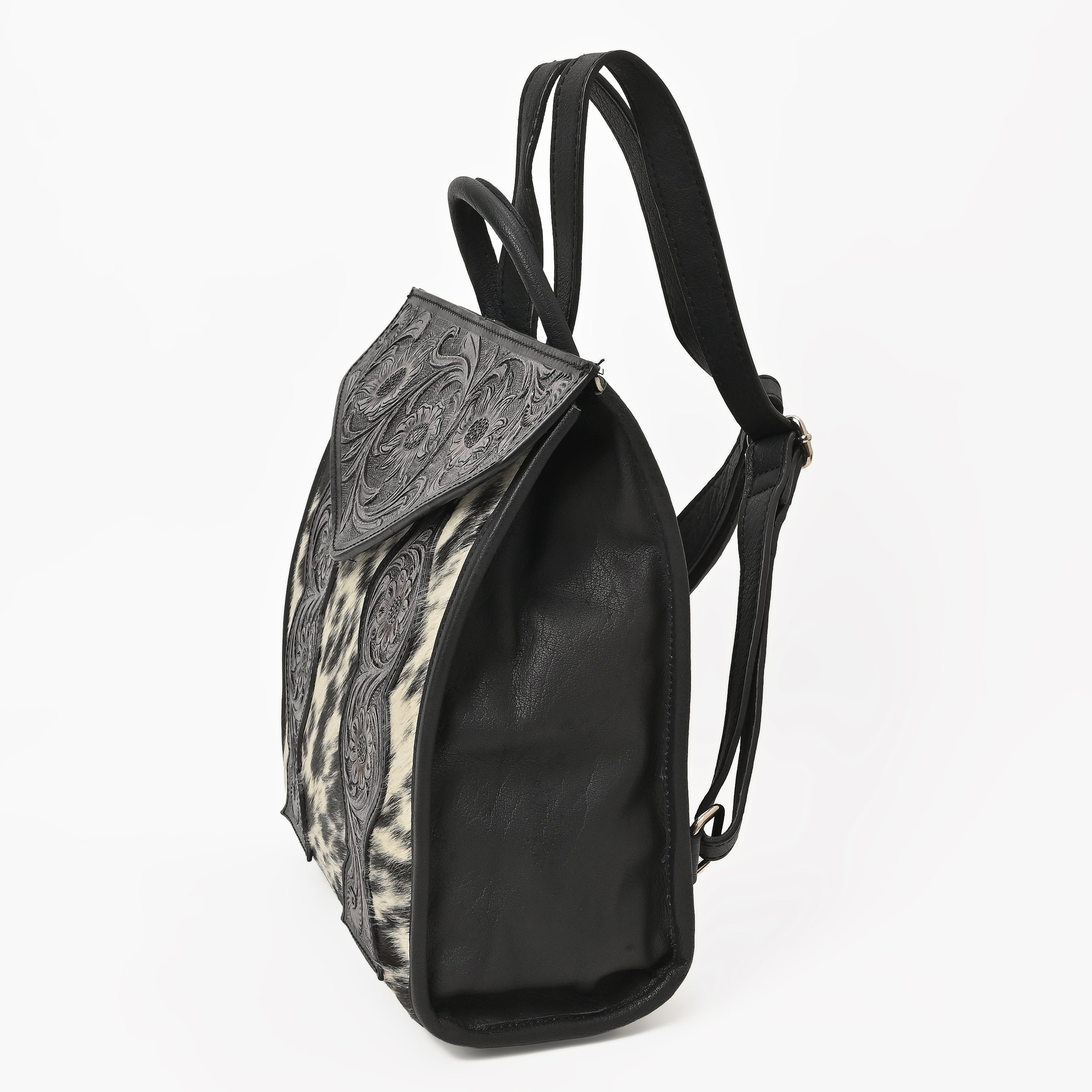 Cowhide Western Bloom Leather Backpack – Floral Tooled Hair-On Leather Bag